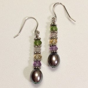 Gray Pearl, Crystal, & Sterling Dangle Earrings